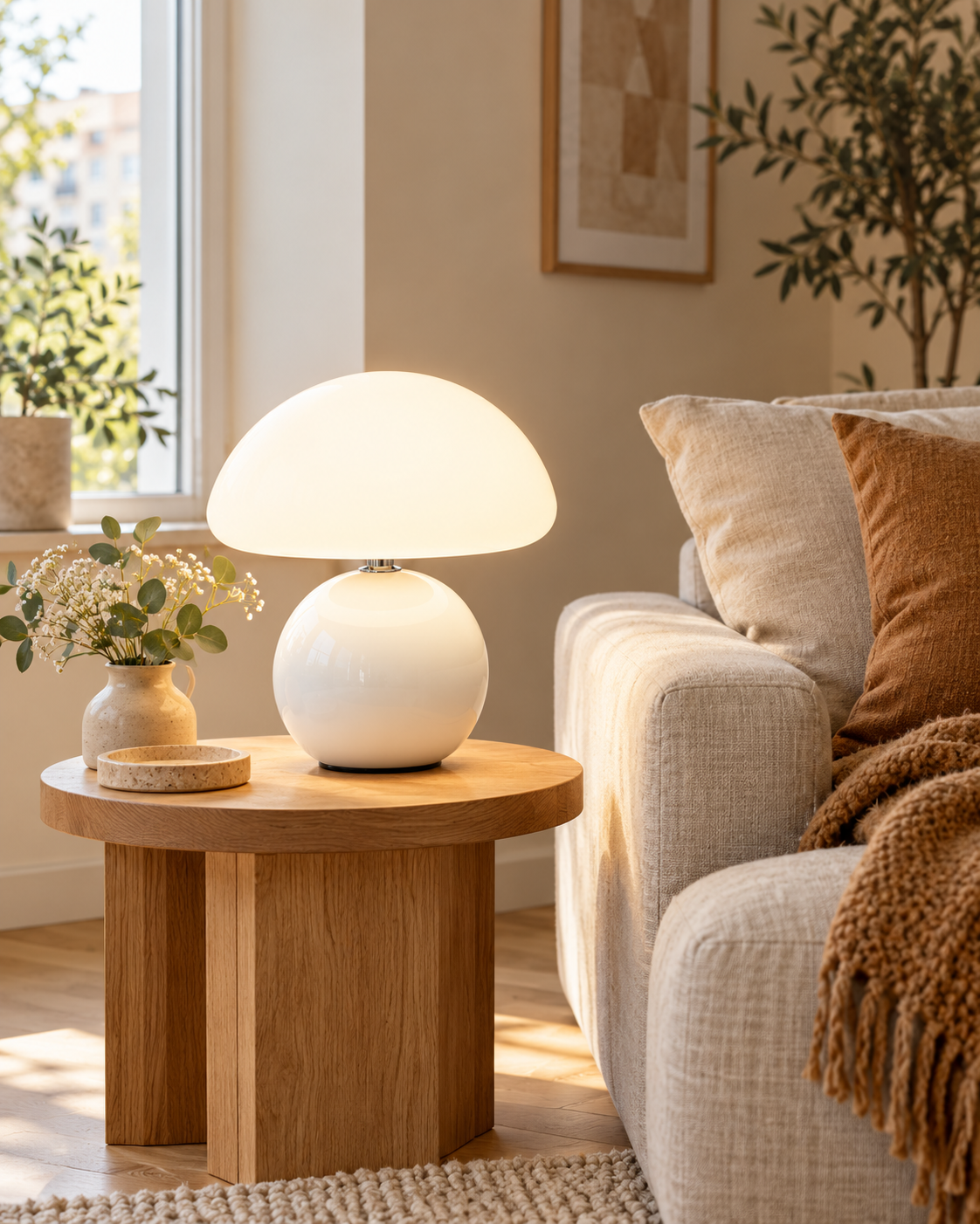 White ceramic mushroom lamp beside a linen sofa in a warm Polish home