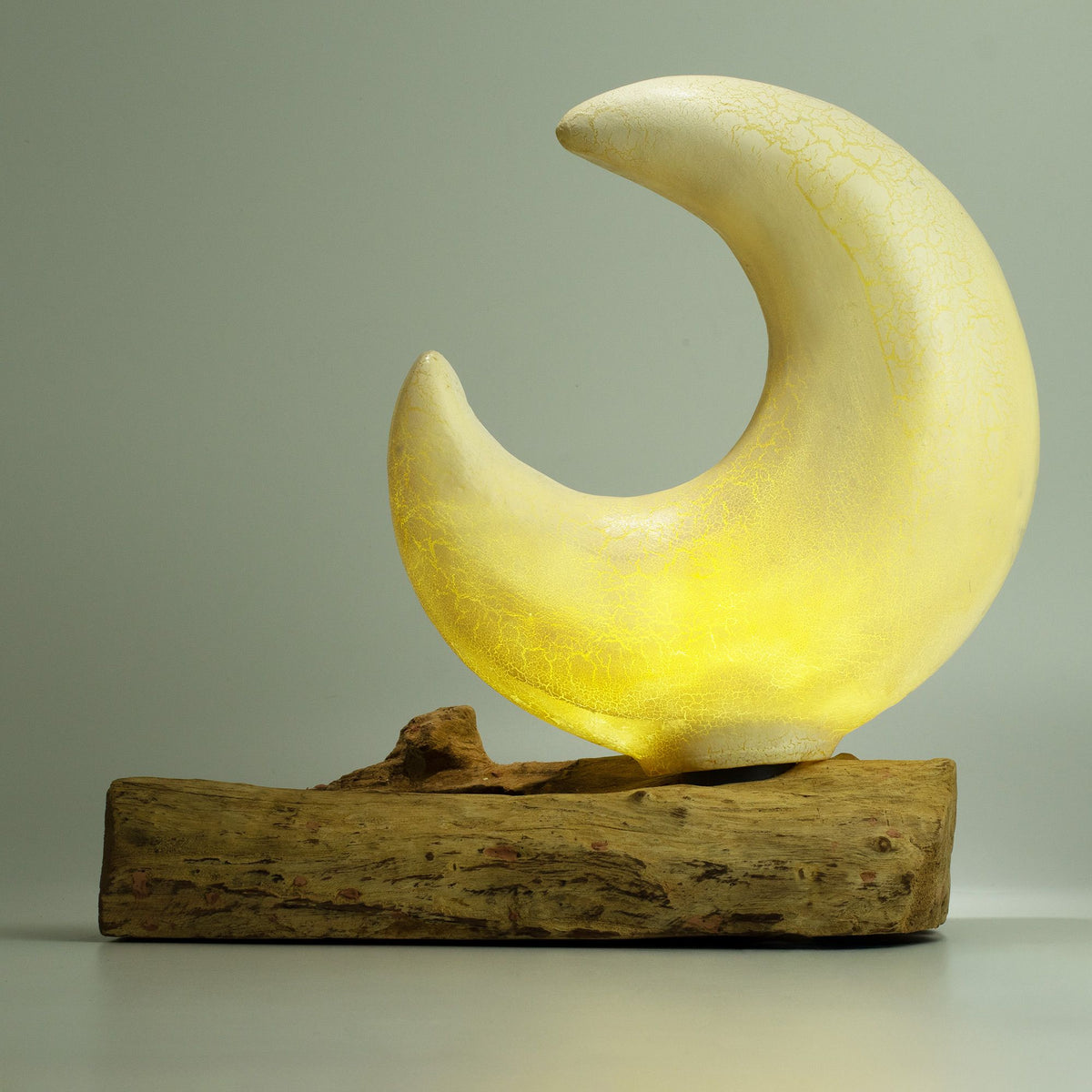 DriftGlow Crescent Moon Lamp – Grey Driftwood Light