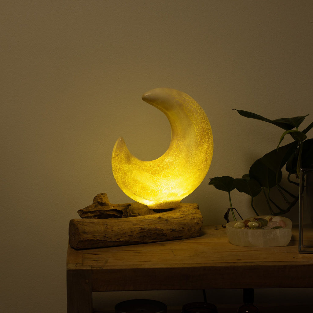 DriftGlow Crescent Moon Lamp – Grey Driftwood Light