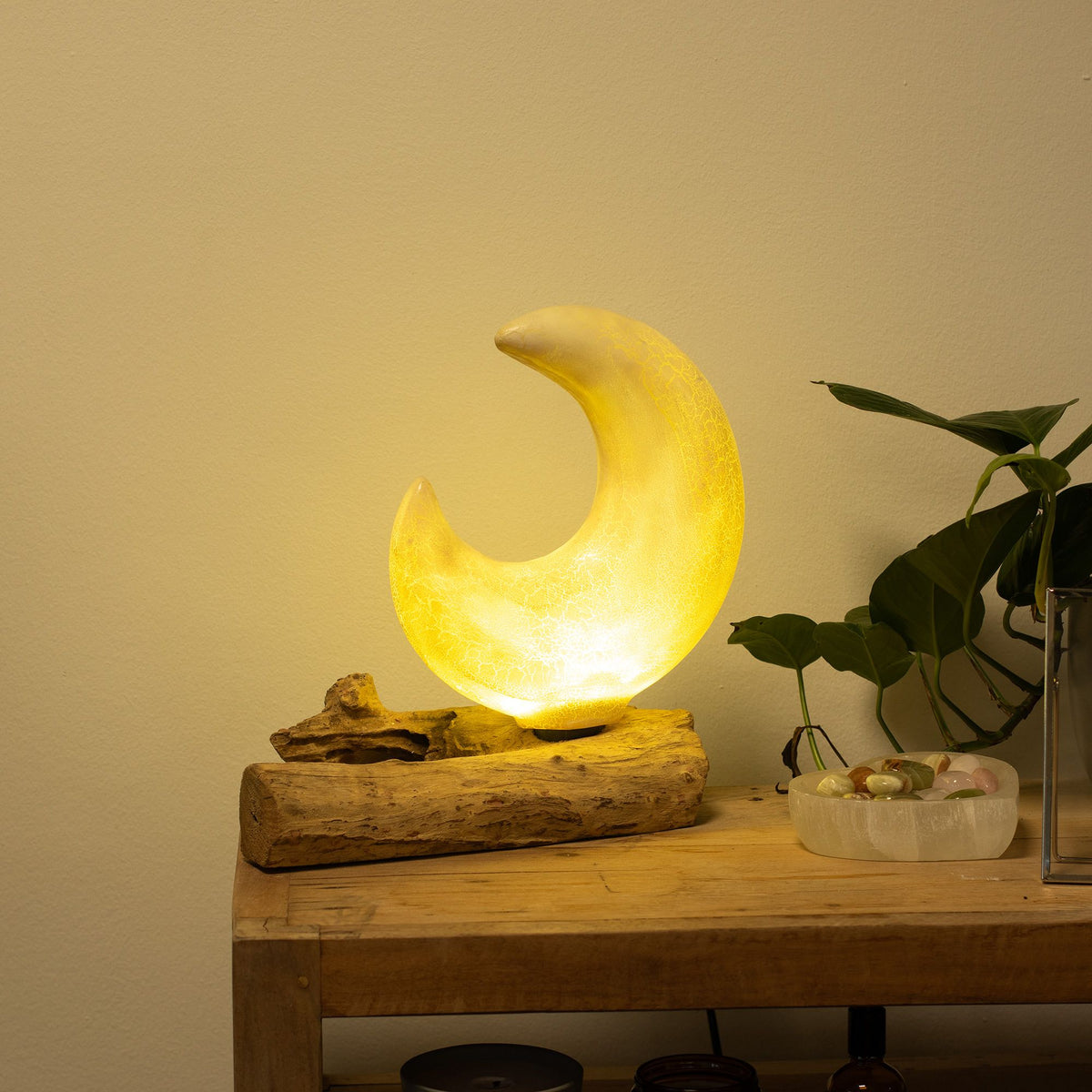 DriftGlow Crescent Moon Lamp – Grey Driftwood Light