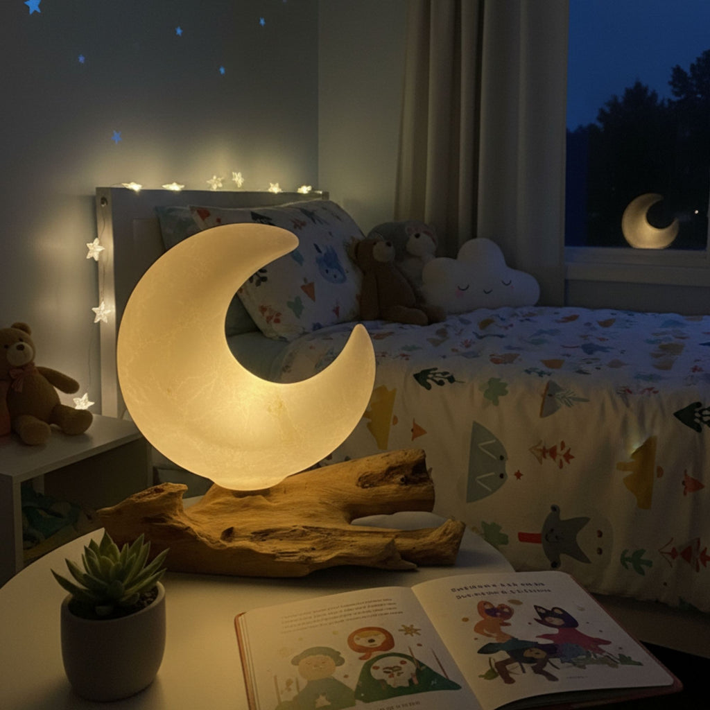 DriftGlow Crescent Moon Lamp – Grey Driftwood Light