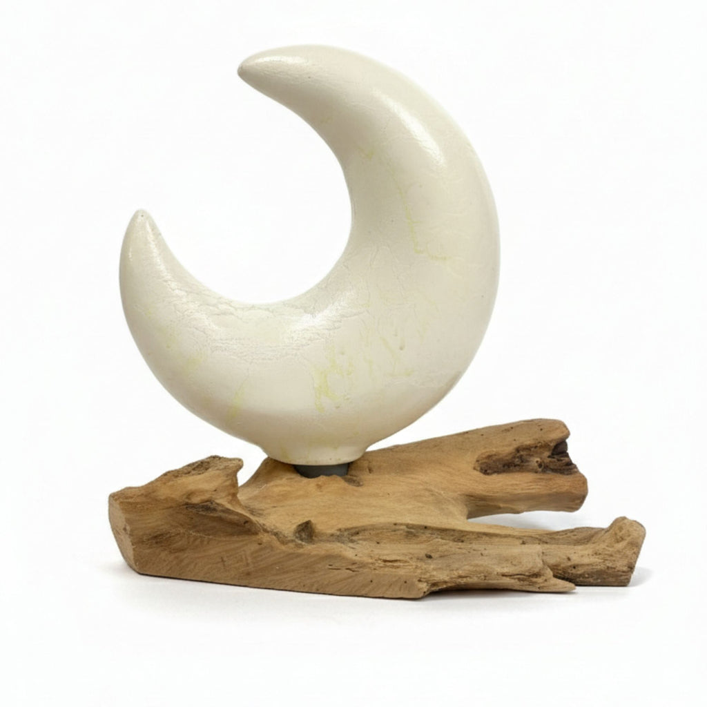 DriftGlow Crescent Moon Lamp – Grey Driftwood Light