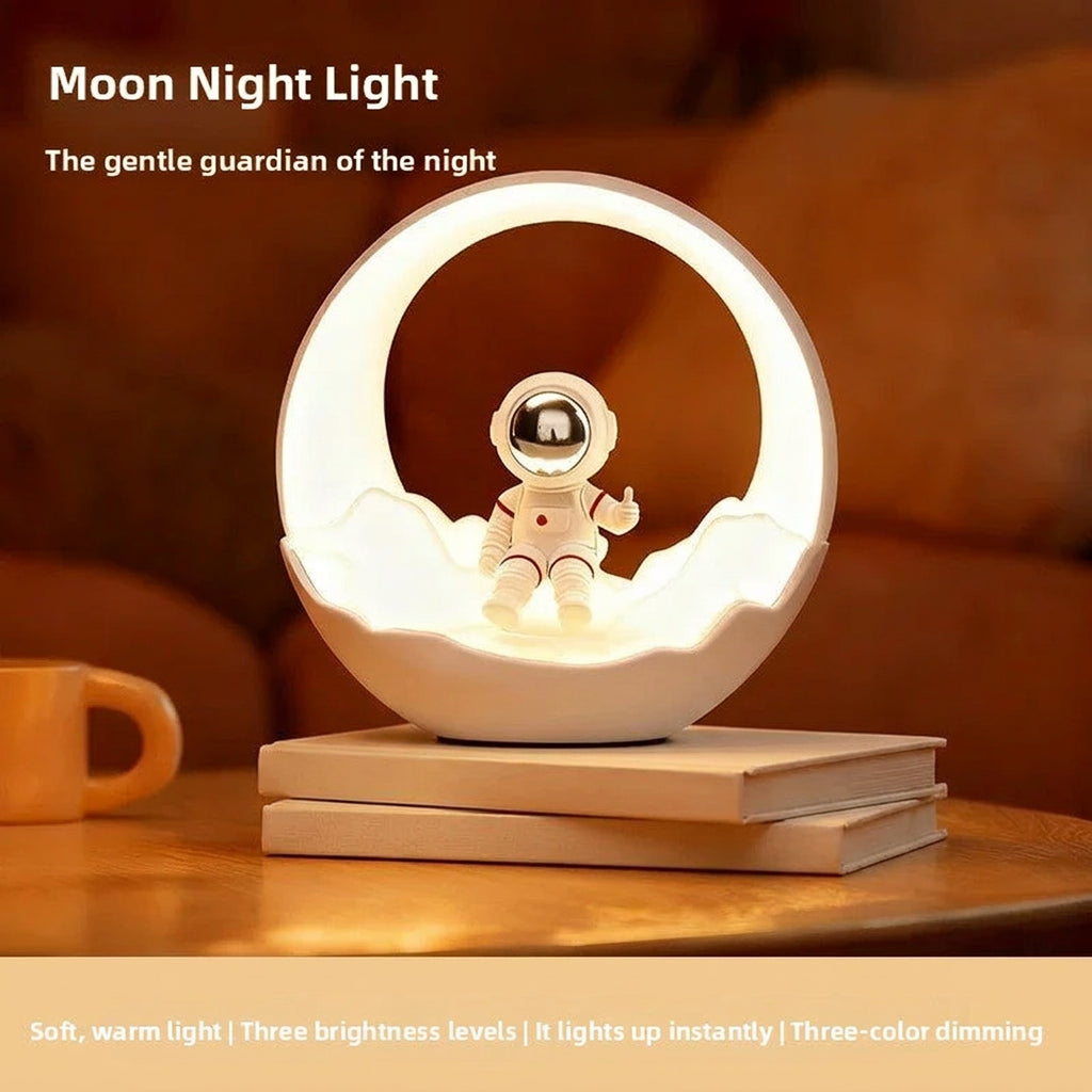 USB Rechargeable Astronaut Moon Night Light, Tap-Control 3-Level Brightness LED Bedside Desk Lamp